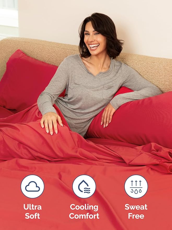 Extra Deep Twin XL Sheet Set - 4 Piece Breathable and Cooling Sheets - Hotel Luxury Bed Sheets Set - Easy & Secure Fit - Soft, Wrinkle Free and Comfy Sheets Set - Red Sheet Set with Extra Deep Pockets