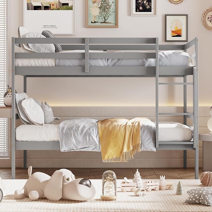 Giantex Bunk Bed Twin Over Twin, Solid Wood Bunk Bed with Sturdy Ladder & 12 Inch Safety Guard Rails, Twin Size Wood Bed Frame for Dormitory, No Box Spring Needed, Bunk Beds for Kids Teens,Grey