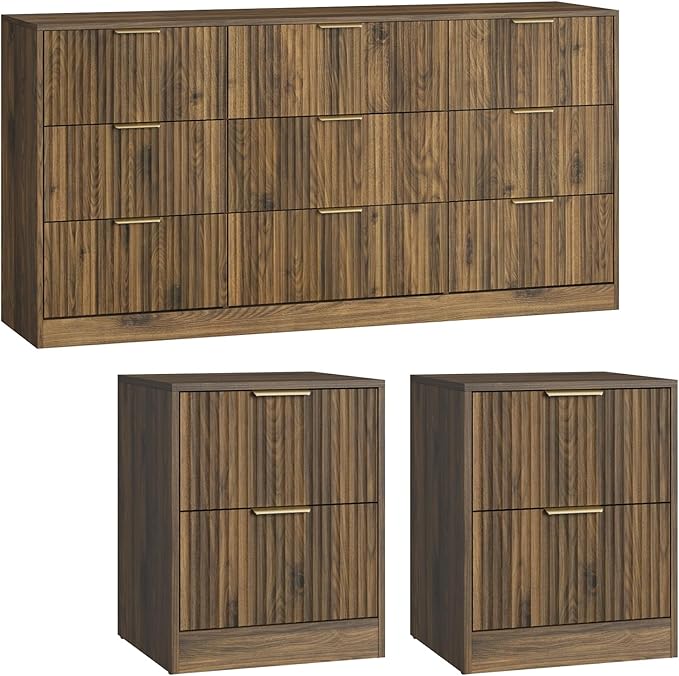 9 Drawer Dresser & Nightstand Set 3-Piece, 63” Wide Walnut Bedroom Dresser and Night Stand Set of 2, Fluted Modern Wood Chest of Drawers Storage Dressers Set for Bedroom, Walnut