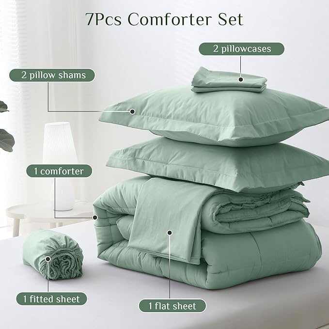 JOLLYVOGUE California King Comforter Set, Ultra-Soft Bed in a Bag Cal King Size 7 Pieces, Oeko-TEX Certified Bedding Set with Down Alternative Comforter, Sheets, Pillowcases & Shams, Sage Green