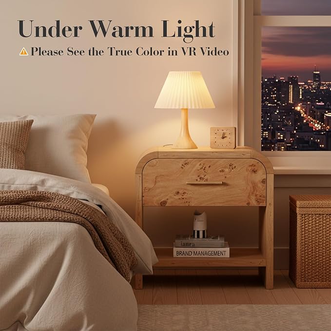 Night Stand [Unique Curved Profile] [FSC-Certified Wooden Board] 1-Drawer and 1 Storage Shelf Nightstand 24" H Metal Handle Modern Bedside Table Side Table End Table