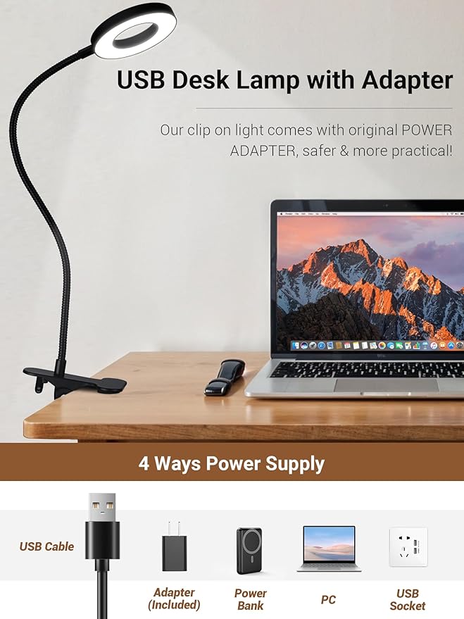 Clip on Lamp,5 Colors+10 Brightness LED Desk Lamp with Clamp,550lm Bright Clip on Light for Bed Headboard/Bedside Table,360°Adjustable Reading Light for Bed,Desk Lights for Home Office Study [Adapter]