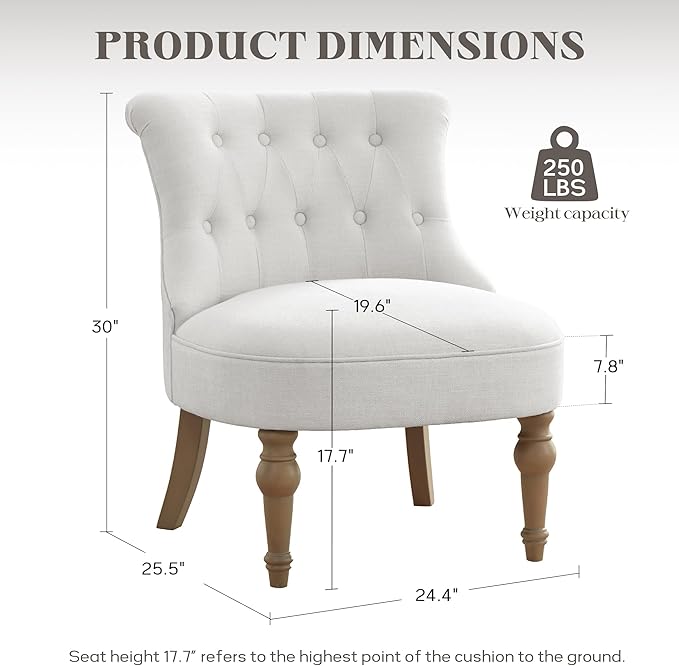 Living Room Chairs, Armless Accent Chair, Comfy Tufted Bedroom Chair, Upholstered Chair with Wooden Legs for Reading Room, Reception, Apartments and Dormitories (Beige)