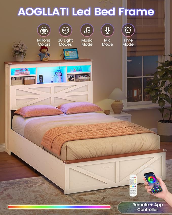 AOGLLATI Farmhouse Twin Bed Frame with Lift Up Storage & Hidden Bookcase Storage Headbord, Wood Bed Frame Twin with Charging Station, Led Lights, No Box Spring Needed, Antique White