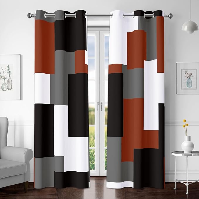 Burnt Orange 100% Blackout Curtains for Bedroom 84 inch Length 2 Panels Set Grey Modern Abstract Geometric Fall Black Out Curtains Insulated Room Darkening Window Drapes for Living Room, 42Wx84L