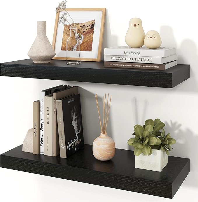 Floating Shelves for Wall, 9.3" Deep Wall Mounted Wood Shelves for Bathroom, Bedroom, Living Room, Kitchen, Hanging Shelf for Books/Storage/Room Decor (Black, 24")