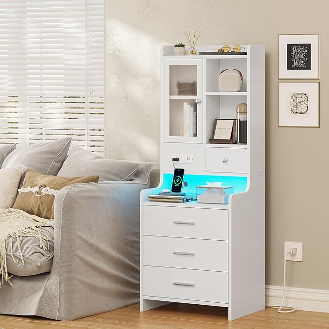 ADORNEVE White Nightstand Set of 2 with Charging Station,49.2" LED Night Stand for Bedroom,Tall Bedside Table with Bookshelf and Drawers,Side Tables Bedroom
