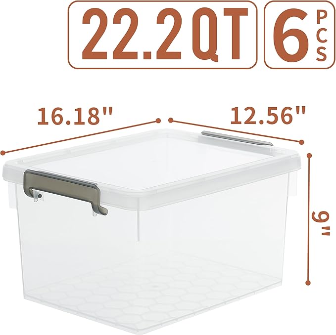 Citylife 22.2 QT 6 Packs Plastic Storage Bins with Lids and Secure Latching Buckles Clear Stackable Storage Containers for Organizing Durable Storage Box