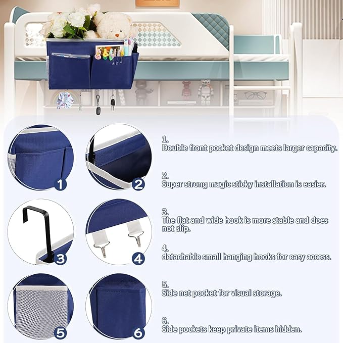 Bedside Storage Organizer 5 Pockets with 4 Hooks Hanging Storage Bag for Headboards/Bunk Bed (2Pack Dark Blue)