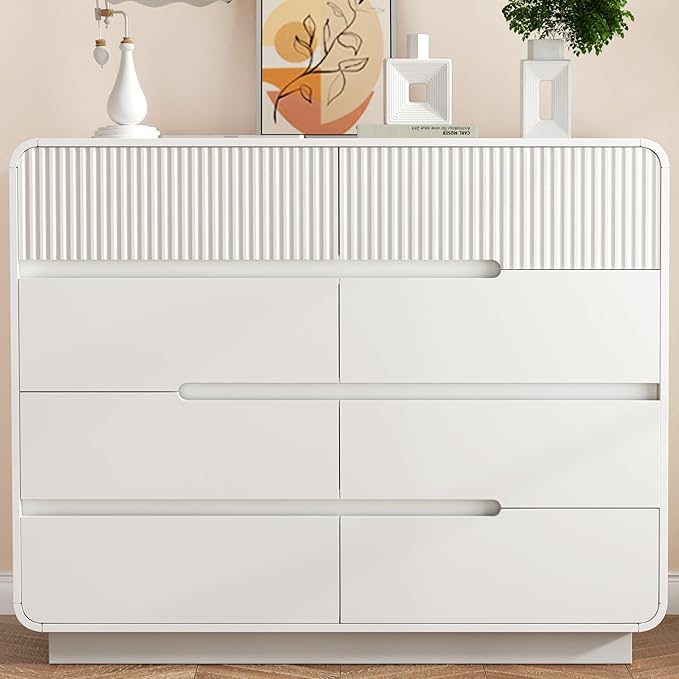 8 Drawer Dresser and 2 Nightstand Sets for Bedroom 3 Pcs Bedroom Set, Modern 39.4" Fluted Dresser with Invisible Handles Nightstand Charging Station, Bedroom Furniture Set for Living Room, White