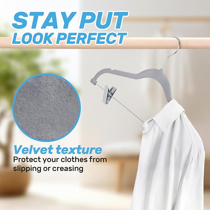 Velvet Pants Hangers 20 Pack with Adjustable Clips, Space-Saving Slim Flocked Hangers, Heavy Duty & Non-Slip Felt Clothes Hangers for Pants, Skirts, Dresses, and Jeans(Grey)