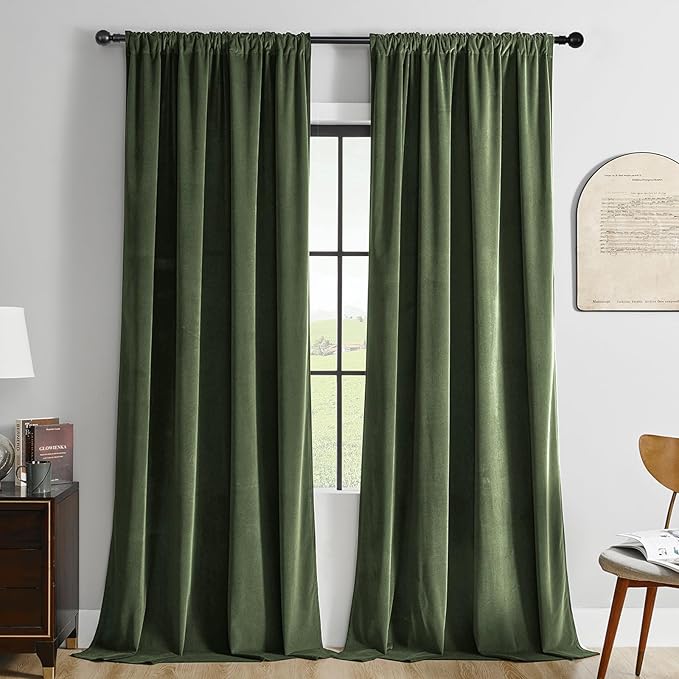 Joydeco Customized Velvet Curtains for Bedroom & Living Room, Heavy Duty Luxury Thermal Insulated Olive Green Velvet Curtains Rod Pocket 1 Panel, Custom Size