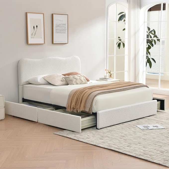 VELOCAVA King Size Storage Bed with 4 Drawers, Modern Upholstered Bouclé-Textured Platform Frame with Curved Headboard, Rounded Corners, Wood Slats, No Box Spring Needed, Cream White