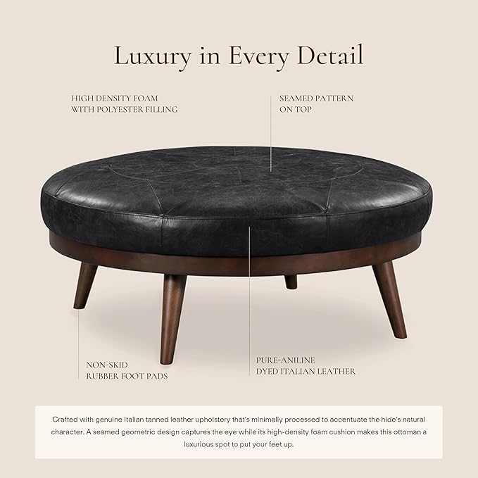 POLY & BARK Gio Ottoman – 30” Round with Feather-Down Topper – Full-Grain Leather Upholstery – Couch Ottoman for Living Room – Italian Leather in Onyx Black
