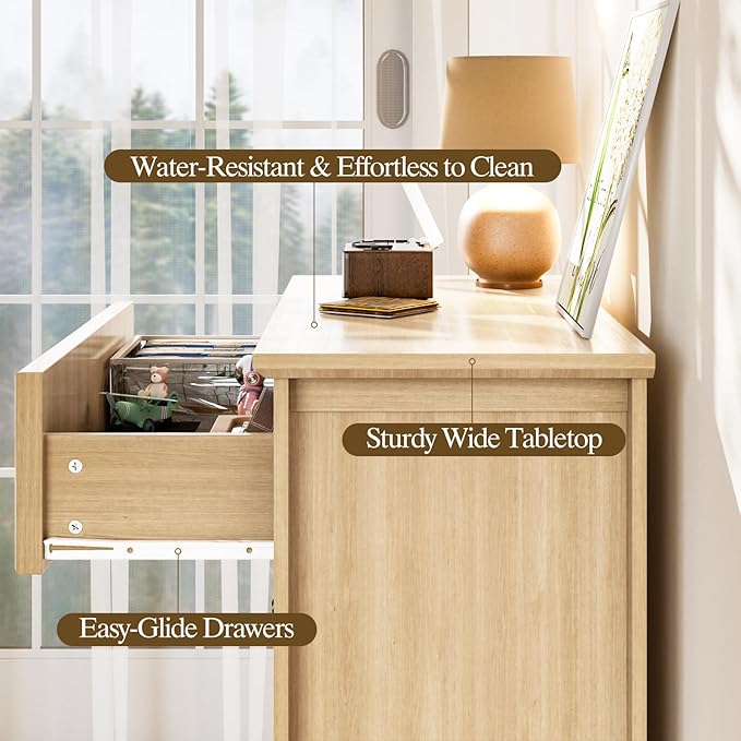 Farmhouse 5 Drawers Dresser, 45.5" H Modern Country Storage Dressers with Brushed Metal Handles, Wood Storage Organizers for Bedroom, Living Room, Hallway, Light Oak