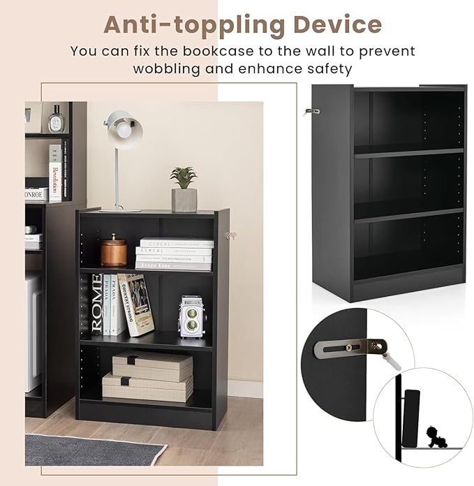 LOKO 3-Tier Open Bookcase Set of 2, Modern 3-Cube Bookshelf with 18-Position Adjustable Shelves & Anti-toppling Devices, Multipurpose Cubical Display Storage Organizer for Living Room Study (2, Black)