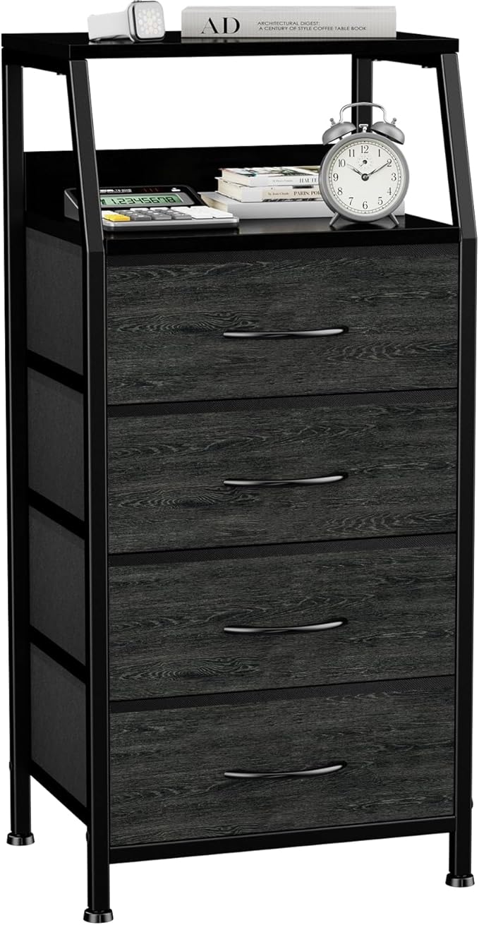 Dresser with 4 Drawers, Fabric Storage Tower for Bedroom, Black Clothes Storage Drawers, Vertical Closet Organizer for Kids Room, Entryway, Nightstand Bedside Table, Sturdy Steel Frame & Wooden Top