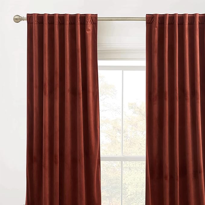 RYB Home Rust Red Velvet Curtains 108 inches Long, Thermal Insulated Panel for Bedroom Room Darkening Window Treatment for Holiday Backdrop Privacy Drapes for Guest Room, W52 x L108, 2 Panels