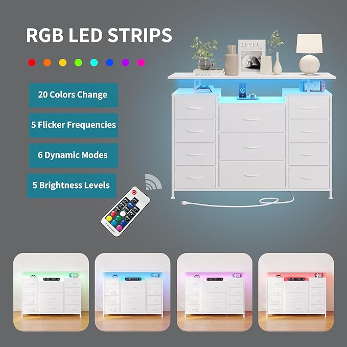 LUMTOK 11 Drawers Dresser with Fabric Drawers,Charging Station, LED Lights and Shelves for Bedroom Storage Organization