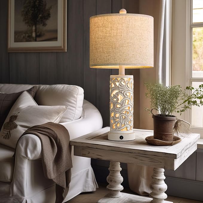 OYEARS 22'' Table Lamp Set of 2 for Living Room,Farmhouse Lamp for for Bedroom,Vintage Retro Bedside Lamps with USB Ports Linen Shade for Home Office (Wash White, Bulb Included)