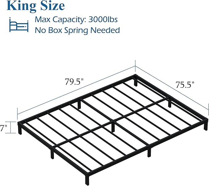 7 Inch King Bed Frame Heavy Duty Low Profile Metal Platform No Box Spring Needed Mattress Foundation, Easy to Assembly, Noise Free, Black