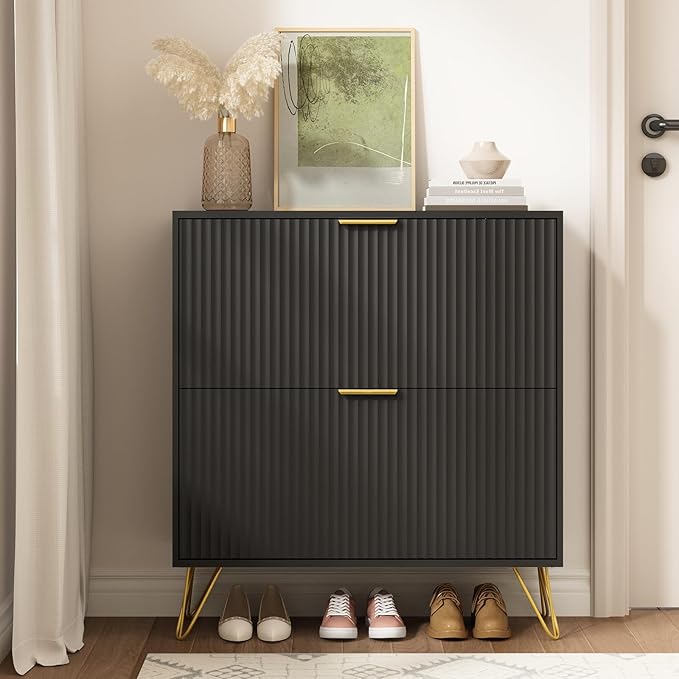 Shoe Cabinet with 2 Flip Drawers, Fluted Black Shoe Storage Cabinets, Hidden Shoe Cabinet Storage for Entryway Slim, Modern Freestanding Shoe Rack Organizer, Black