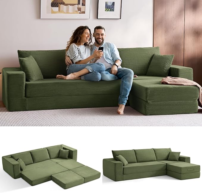 LINSY HOME Convertible Sofa Bed with 2 Pillows & Ottoman, Boneless Couch Folding Modular Sectional Sleeper Sofa, L Shaped Sofas Corduroy Couch Bed Compression Sofa for Living Room Apartment, Green