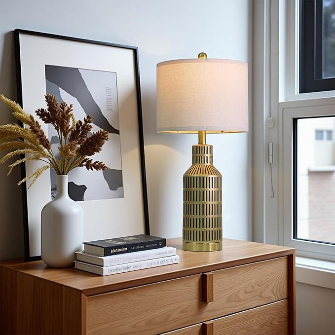 25" Gold and Black Modern Ceramic Bedside Lamp Set of 2 for Bedroom Decor Farmhouse Table Lamp for Living Room Office Dorm