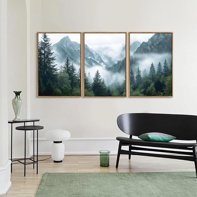 YeeHomedec Large Mountain Framed Canvas Wall Art, Mordern Calming Forest Wall Decor, Misty Nature Mountains Art Painting, Wooden Pine Trees Artwork for Living Room Bedroom Farmhouse 16"x24"x3