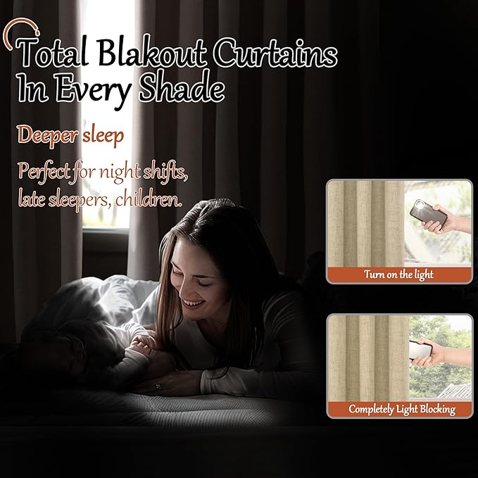 45 Inch Length Linen Blackout Curtains for Short Cafe Window, Thermal Insulated Light Blocking Soundproof Privacy Burlap Curtains 2 Panels, Each 38 Inch Wide Burlap