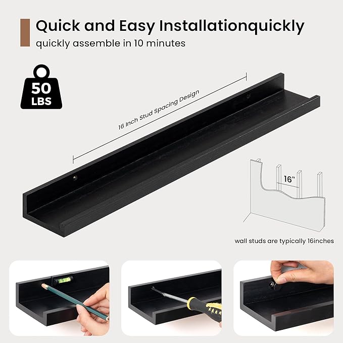 Picture Ledge Shelf, Floating Shelves Set of 2, 24 Inches Solid Wood Nursery Book Shelves for Toys Storage, Kids Bookshelf Wall Mounted for Living Room Bedroom Decor Books Photo Frames, Black