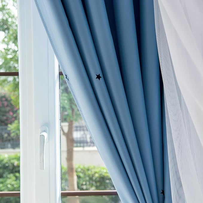 Star Double Layer Blackout Curtains for Bedroom, Kids - Cute, 72 Inch Long 2 Panel Set, Blue, 42 x 72 Inch
