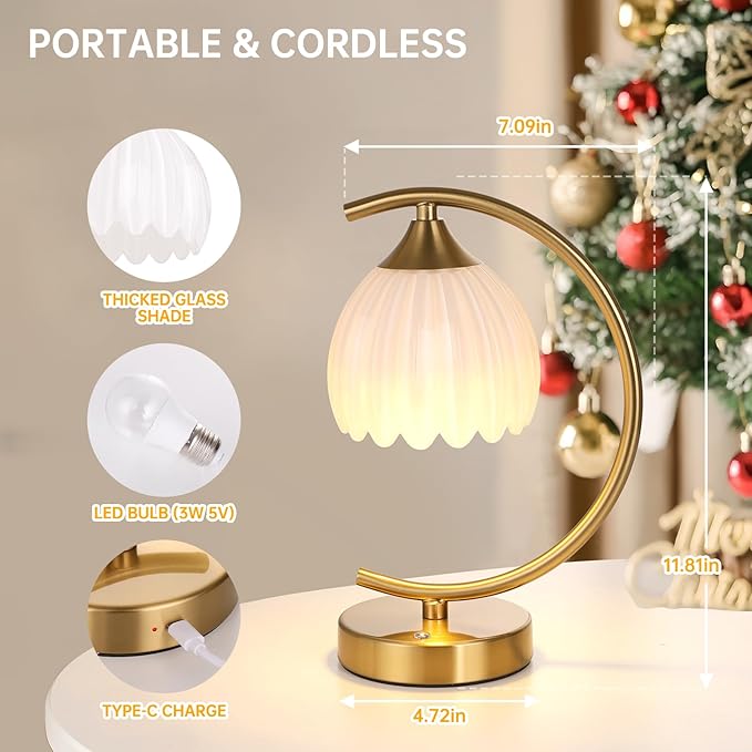Tulip Table Lamp with 5200mAh Battery & Touch Control, Cordless Lamp with 3 Color Temperatures Clear Bulb, Rechargeable Small Table Lamps for Living Room, Bedside, Nightstand (White Tulip)