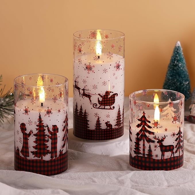 Eywamage Christmas Flameless Pillar Candles with Remote, Red Buffalo Plaid Table Decor, Flickering LED Pillar Candles Set of 3