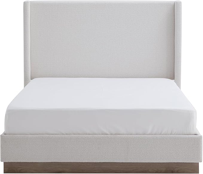 King Size Upholstered Platform Bed Frame, 53.1" Tall Headboard Hosford Wingback Bedframes, Wood Base Floor Beds, No Box Spring Needed, No Noise, Minimalist, Cream White Boucle