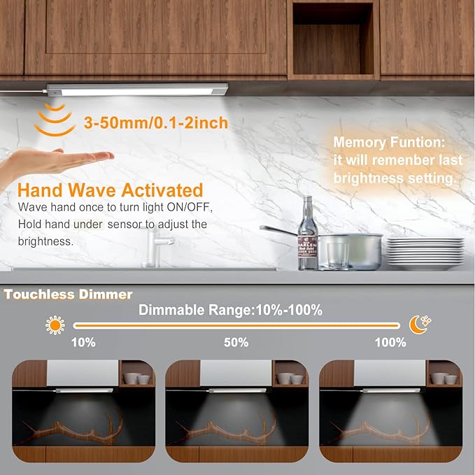 VST Hand Wave Activated Under Cabinet Lights Plug in, Closet Lights, Stepless Dimming Lighting for Kitchen Shelf Cupboard Closet Workbench (12in 3Pack 4000K)