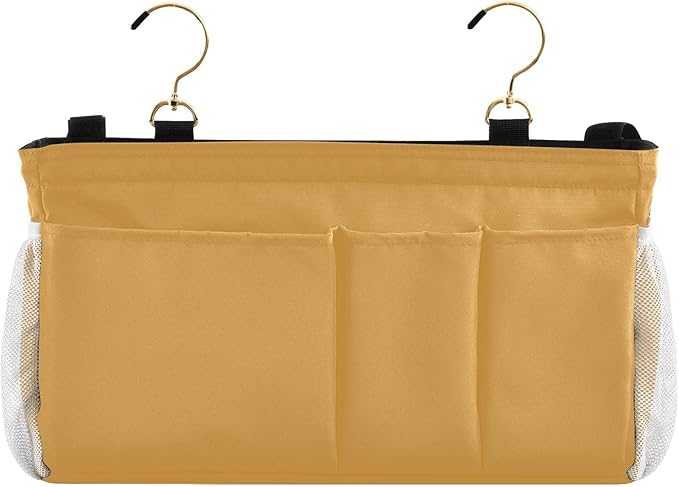 KOPIRIT Mustard Yellow Bedside Caddy Storage Bag Bedside Organizer for Bunk Bed Headboards College Hanging Bag Bedside Shelf 6 Pockets with Hooks for Magazine Water Bottle Holder