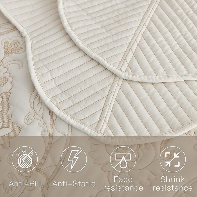 CHIXIN Bedspread Coverlet Quilt Set Full Size - Lightweight Bedding Cover - Beautiful Stitching - 5 Piece Reversible Bedspread - Gorgeous Damask Paisley Pattern (Full, Ivory-Yellow)