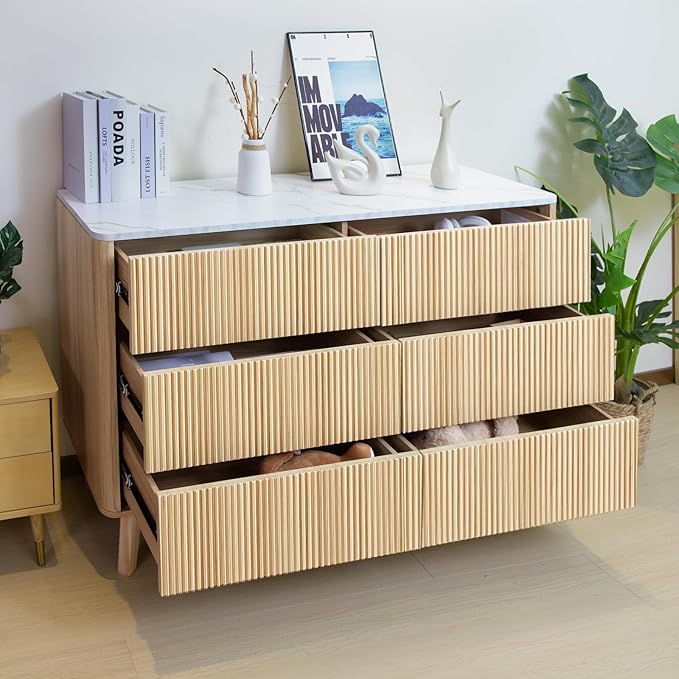 Fluted 6 Drawers Dresser for Bedroom,52" Wide Handleless Chest of Drawers with Faux Marble Top, Wooden Dresser TV Stand, Wood Drawer Organizer for Living Room, Hallway, Natural Oak