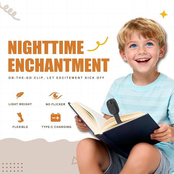 Rechargeable Book Light for Kids at Night – Portable Clip-On LED Light with Dimmable Brightness Ideal for Kids & Adults, Bedtime & Travel–Eye-Caring, Flexible, Gift for Book Lovers,Black
