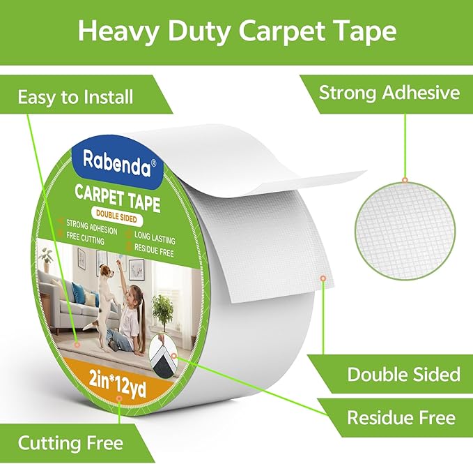 Rabenda Double Sided Carpet Tape - 2 Inch x 12 Yards Removable Rug Tape for Hardwood Floors, Tile & Laminate - No Residue Strong Hold Anti Slip Gripper for Area Rugs, Mats & Carpets