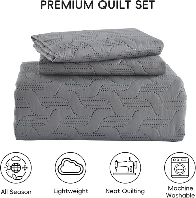Yiran Grey Quilt Set King Size Lightweight Bedspread Ultrasonic Wave Pattern Soft Microfiber Coverlet for All Season Modern Style 3 Piece Bed Cover Sets with 2 Pillow Shams (106"x96")