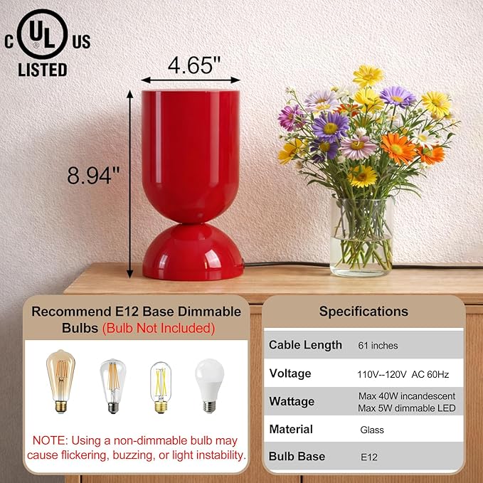 8.9'' Modern Glass Table Lamp, Dimmable Bedside & Desk Lamp for Living Room and Bedroom, UL Listed Nightstand Lamp with Dome Base, Home Decor for Office, Dorm, Side Table, Glossy Red
