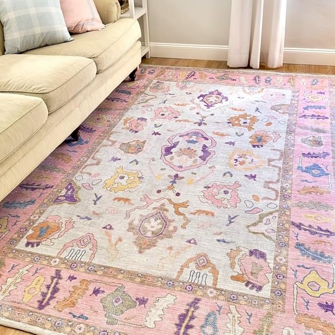 Fame Rugs Pink Beige Modern Oushak Rug 2x3, Vintage Doormat Turkish Colorful Oriental Antique Inspired Washable Small Area Rug, Luxury Living Room Bedroom (390PP, 2' x 3')