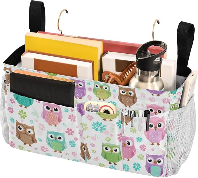 Bedside Caddy Hanging Bunk Bed Caddy Bed Organizer Hanging Pocket with 2 Hooks Bedside Storage Organizer Pocket Bag Holder Colorful Owls and Flowers