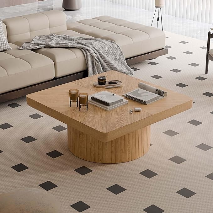 Modern Square Coffee Table with Cylindrical Base, Wood Coffee Table with Parquet Pattern & Thickened Tabletop, Center Table Tea Table for Living Room Apartment, 34.6''L×34.6''W×14.9''H, Natural