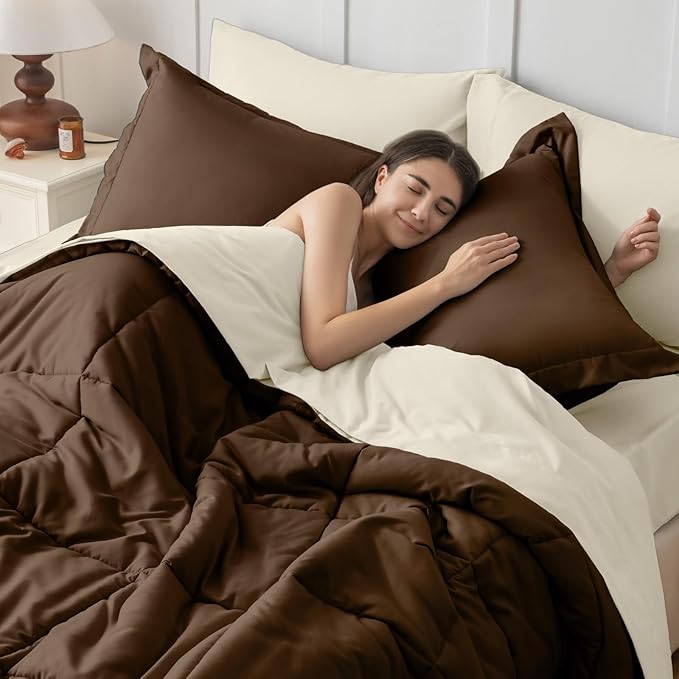 JOLLYVOGUE Full Comforter Set, Ultra-Soft Bed in a Bag Full Size 7 Pieces, Oeko-TEX Certified Bedding Set with Down Alternative Comforter, Sheets, Pillowcases & Shams, Brown & Beige