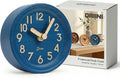Driini Wooden Analog Desktop Clock – 4.3 in. Decorative Pinewood, No-Tick Design – Easy to Read Silent Sweep Mantle Clock – Quiet Tabletop Clocks with Wood Body, Hands, & Battery Cover; Blue