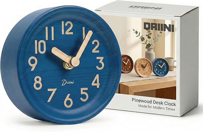 Driini Wooden Analog Desktop Clock – 4.3 in. Decorative Pinewood, No-Tick Design – Easy to Read Silent Sweep Mantle Clock – Quiet Tabletop Clocks with Wood Body, Hands, & Battery Cover; Blue