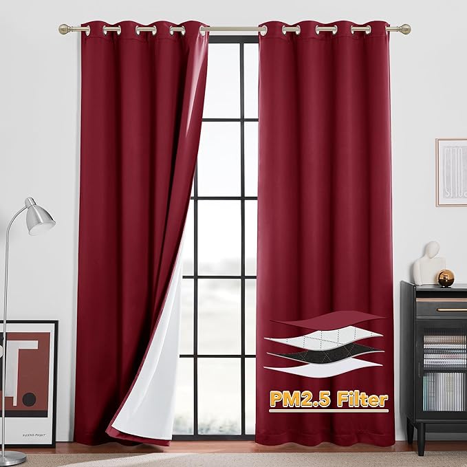 RYB HOME 4-in-1 Dust Filtering Soundproof Blackout Insulating Privacy Window Curtains for Nursery Bedroom Living Room Rivider Sound Absorption Sheet, Burgyndy Red, W52 x L84 inch, 2 Panels